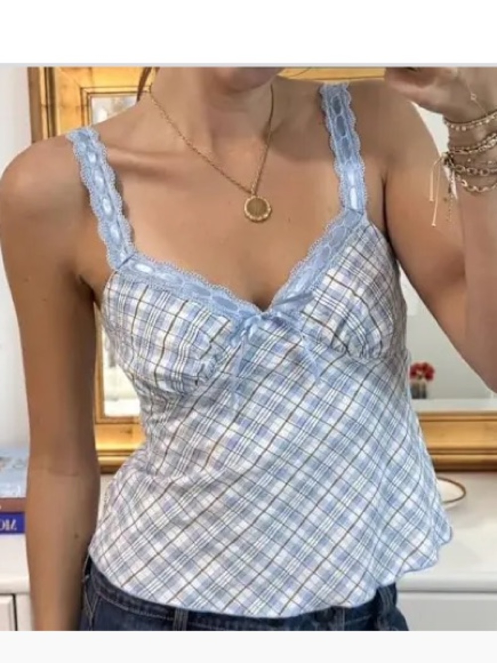 NWT Blue Plaid Sweetheart Neckline Lace Trim Cami Top